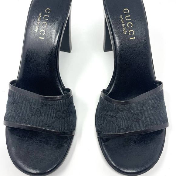 Gucci GG Monogram Logo Open Toe Mules Heels Sandals Slippers Slides Black US 8 - Picture 2 of 11